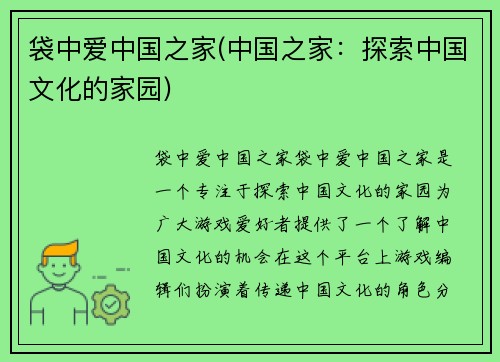 袋中爱中国之家(中国之家：探索中国文化的家园)