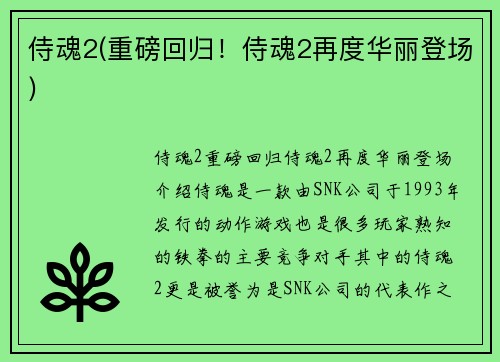 侍魂2(重磅回归！侍魂2再度华丽登场)